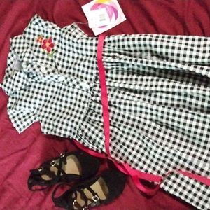 Black and white checkered flower spring dress with adorable black strap shoes